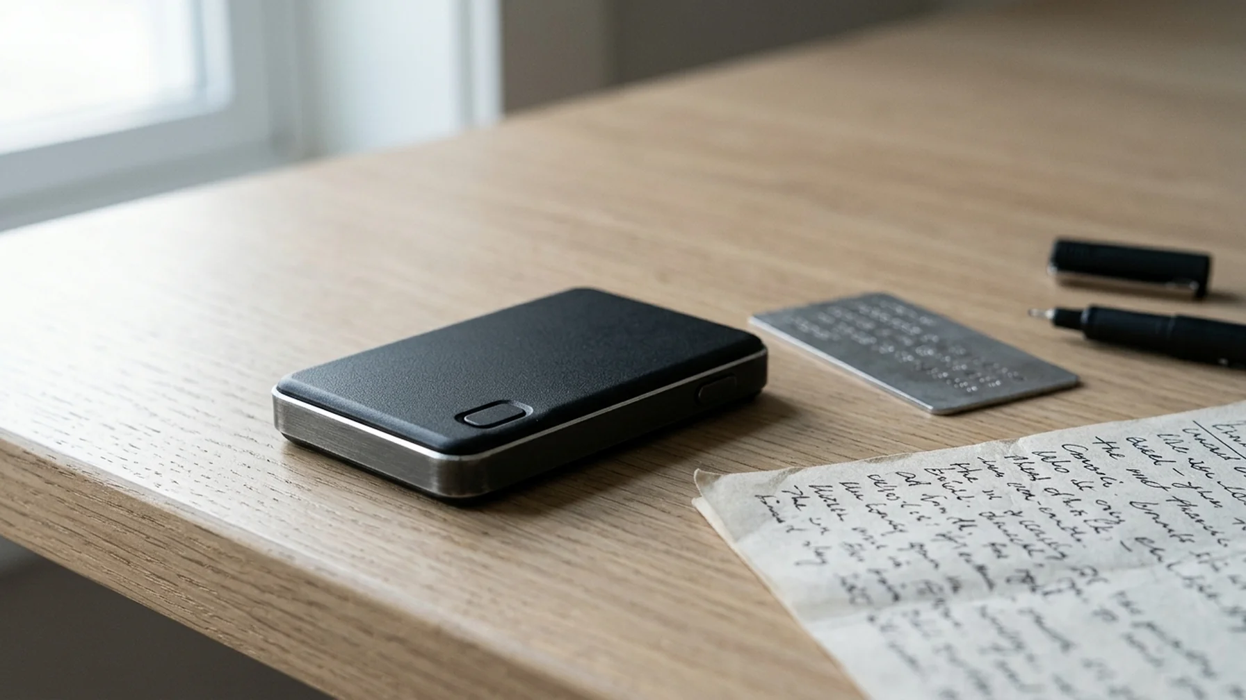 A hardware wallet on a wooden desk beside a handwritten seed phrase card, a metal backup plate and a pen, lit by window light